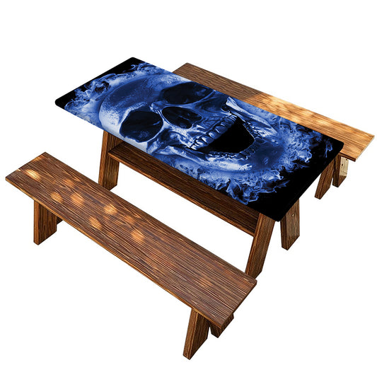 Blue Flaming Skull Print Picnic Table Cover