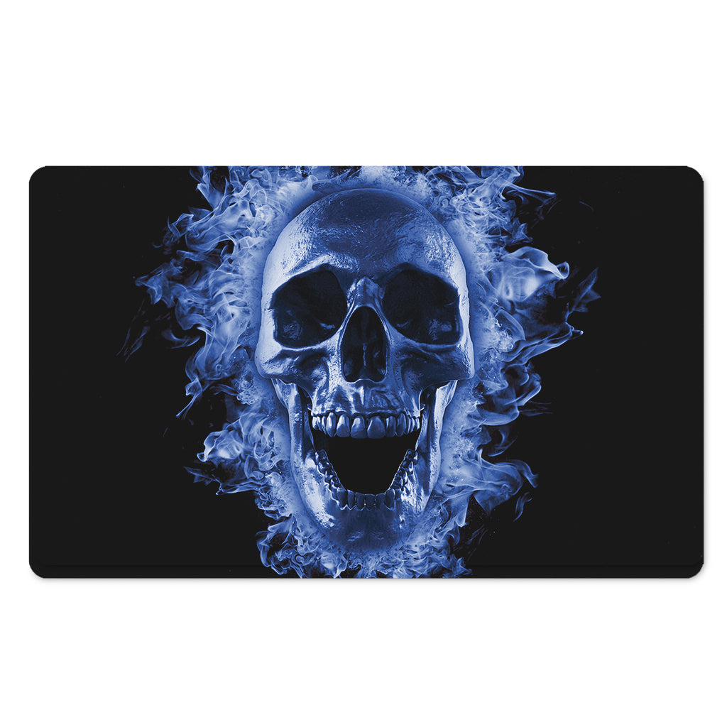 Blue Flaming Skull Print Polyester Doormat