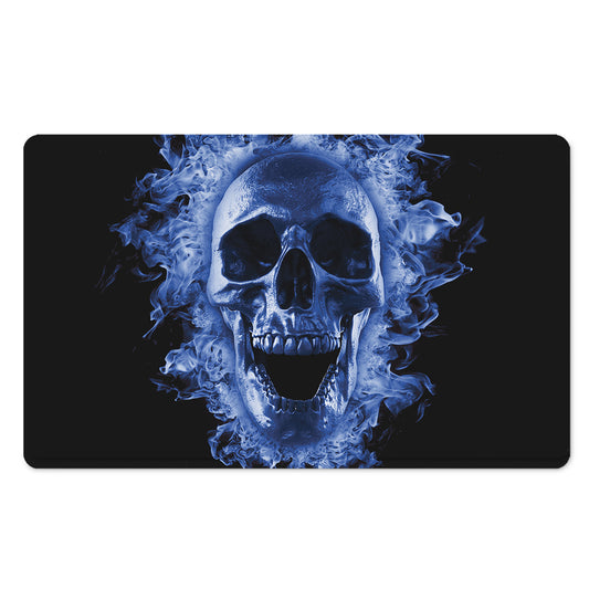 Blue Flaming Skull Print Polyester Doormat
