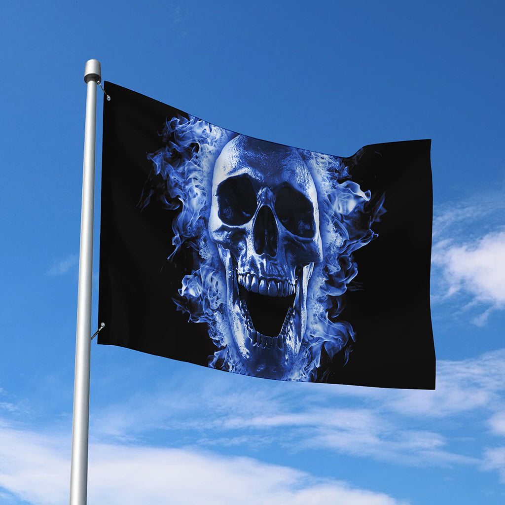 Blue Flaming Skull Print Polyester Flag