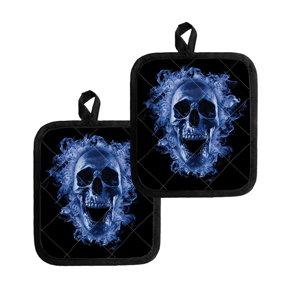Blue Flaming Skull Print Pot Holders