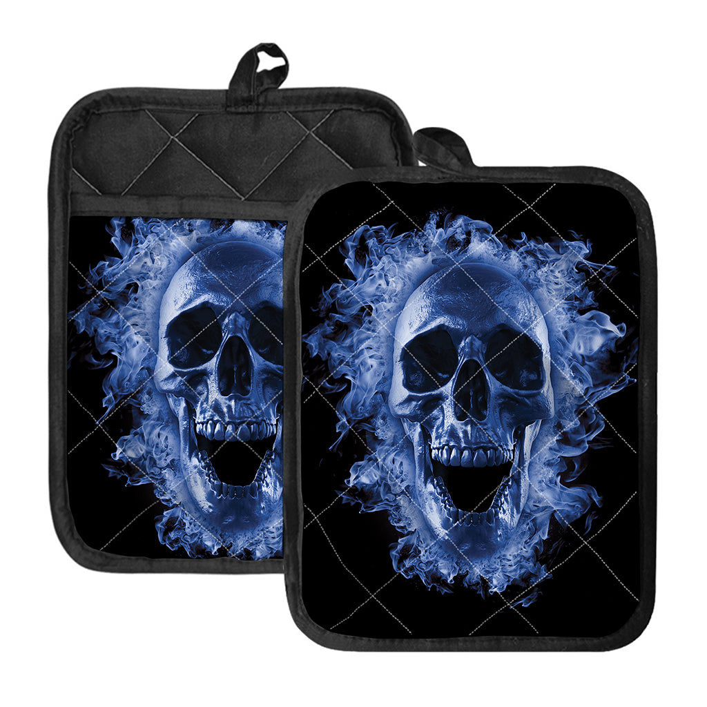 Blue Flaming Skull Print Pot Holders With Pocket
