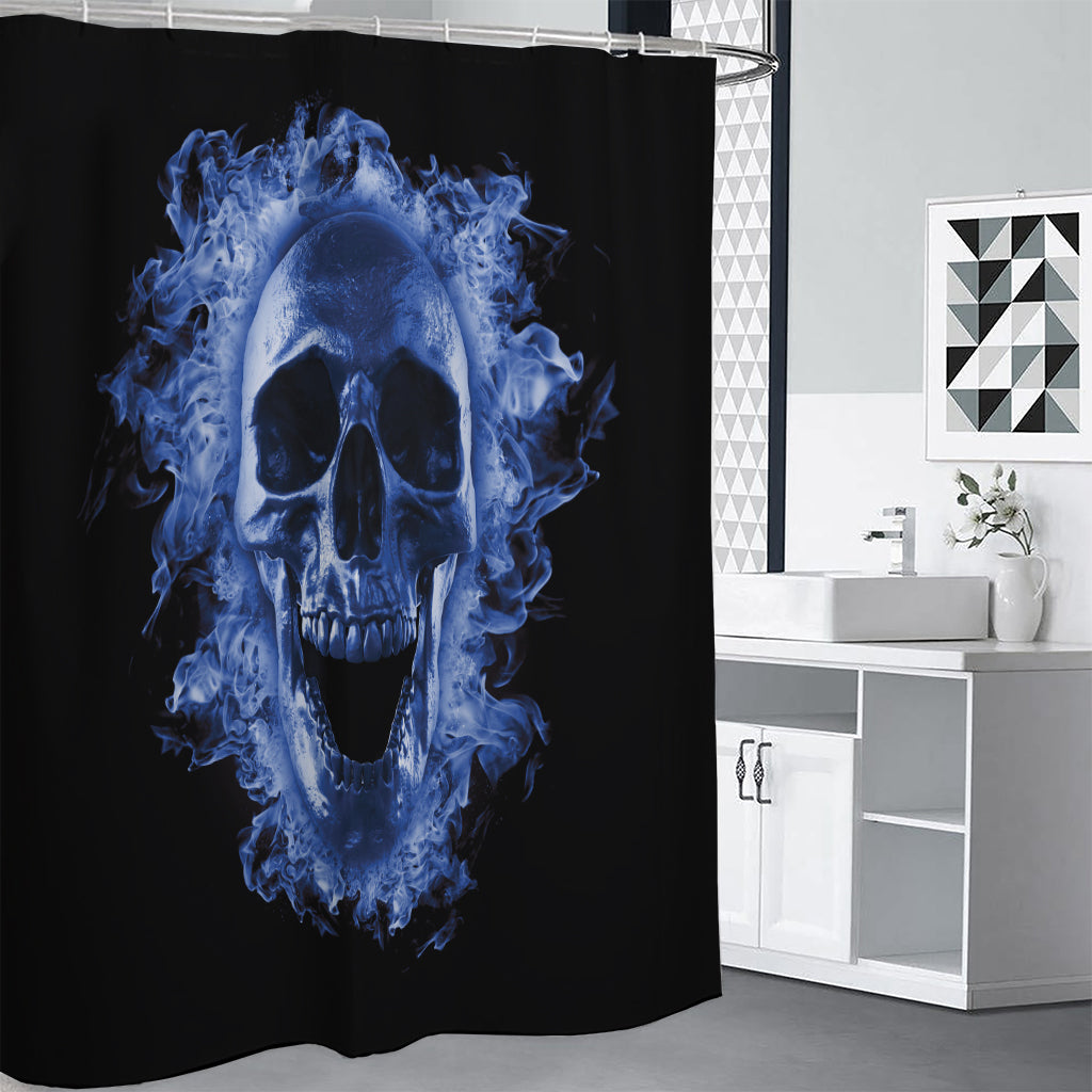 Blue Flaming Skull Print Premium Shower Curtain