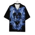 Blue Flaming Skull Print Rayon Hawaiian Shirt