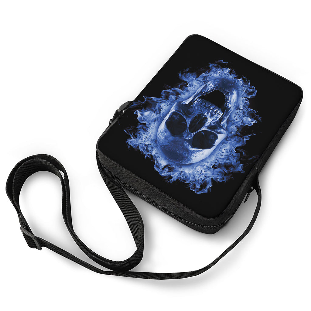 Blue Flaming Skull Print Rectangular Crossbody Bag