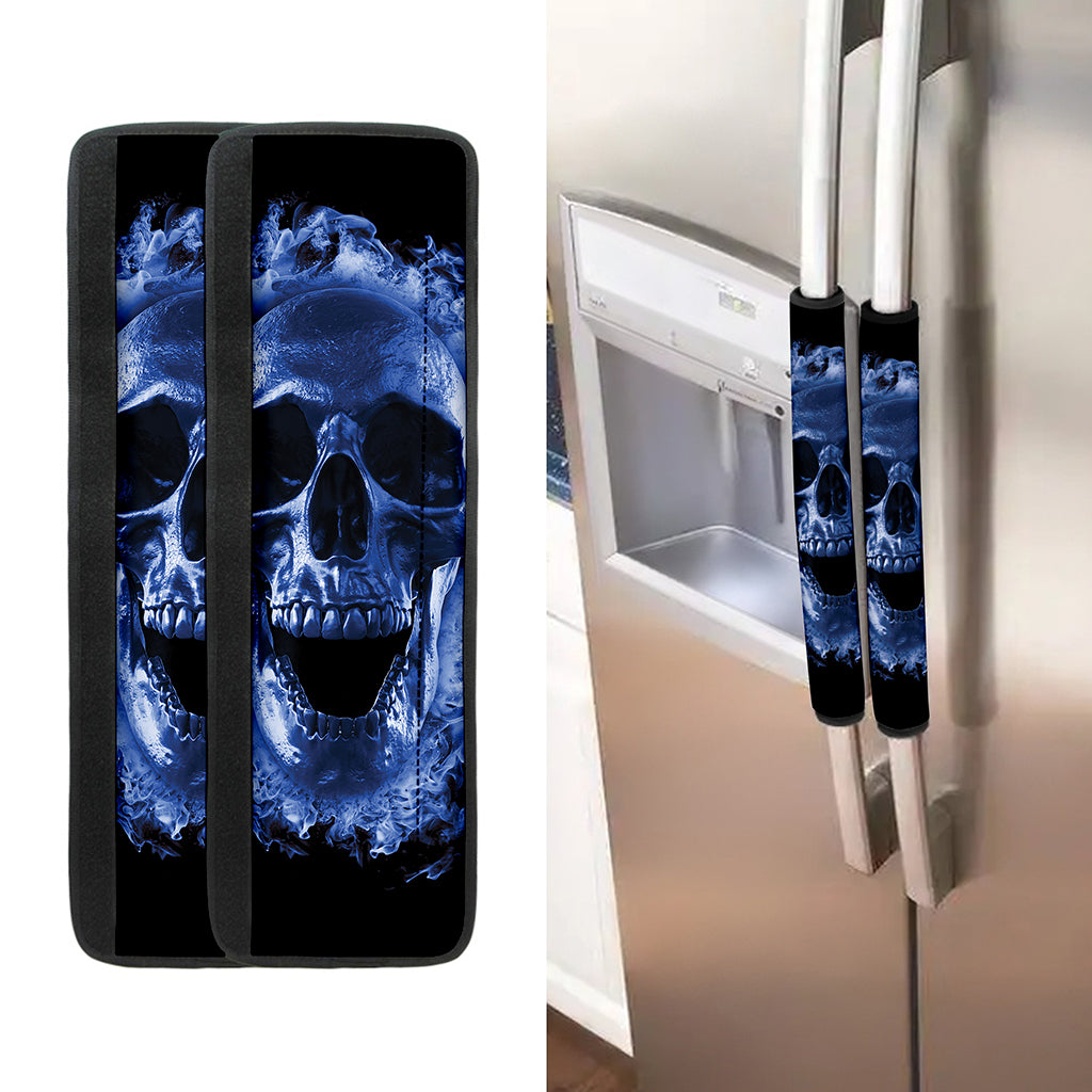 Blue Flaming Skull Print Refrigerator Handle Covers