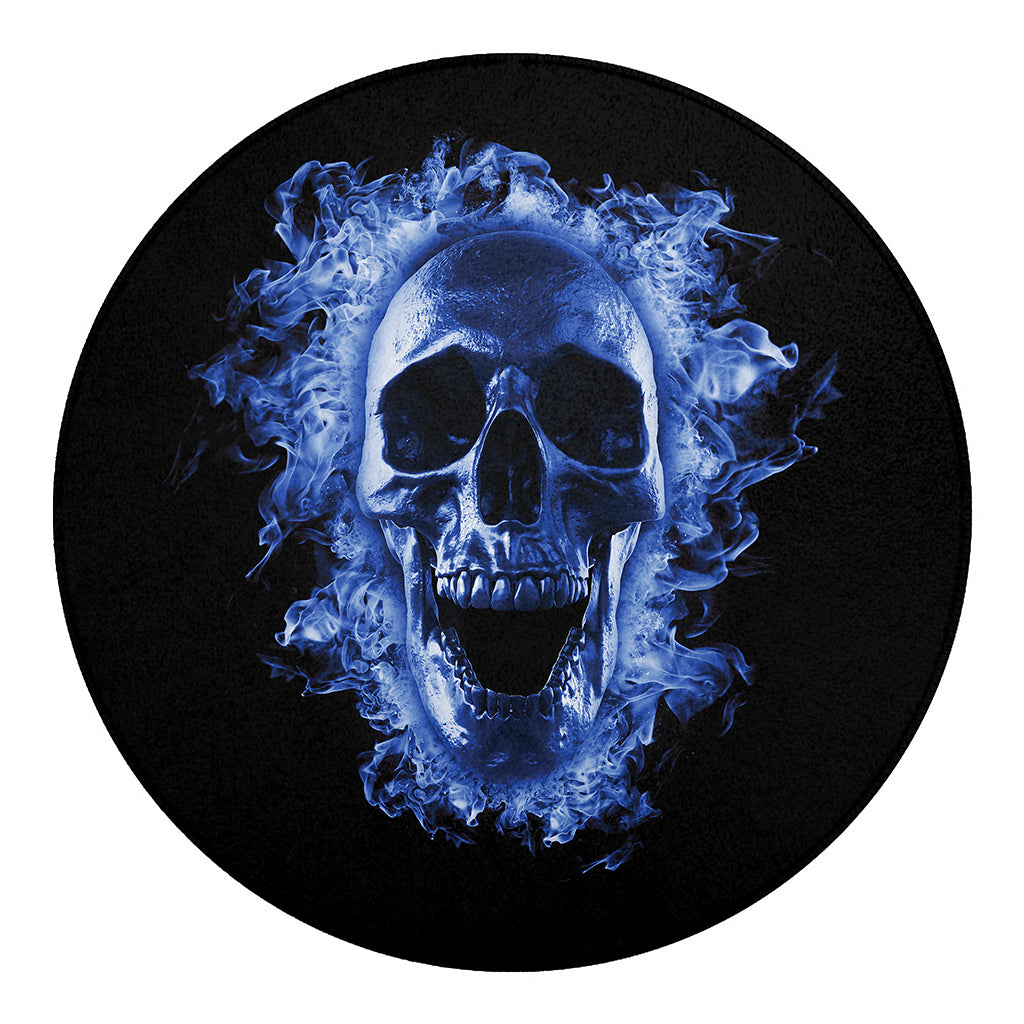 Blue Flaming Skull Print Round Blanket