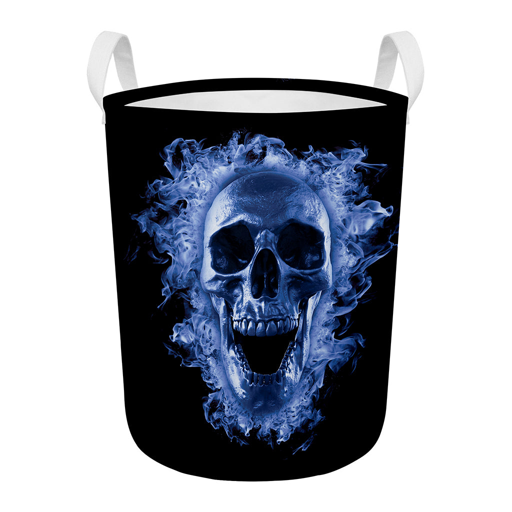 Blue Flaming Skull Print Round Laundry Basket
