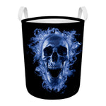 Blue Flaming Skull Print Round Laundry Basket
