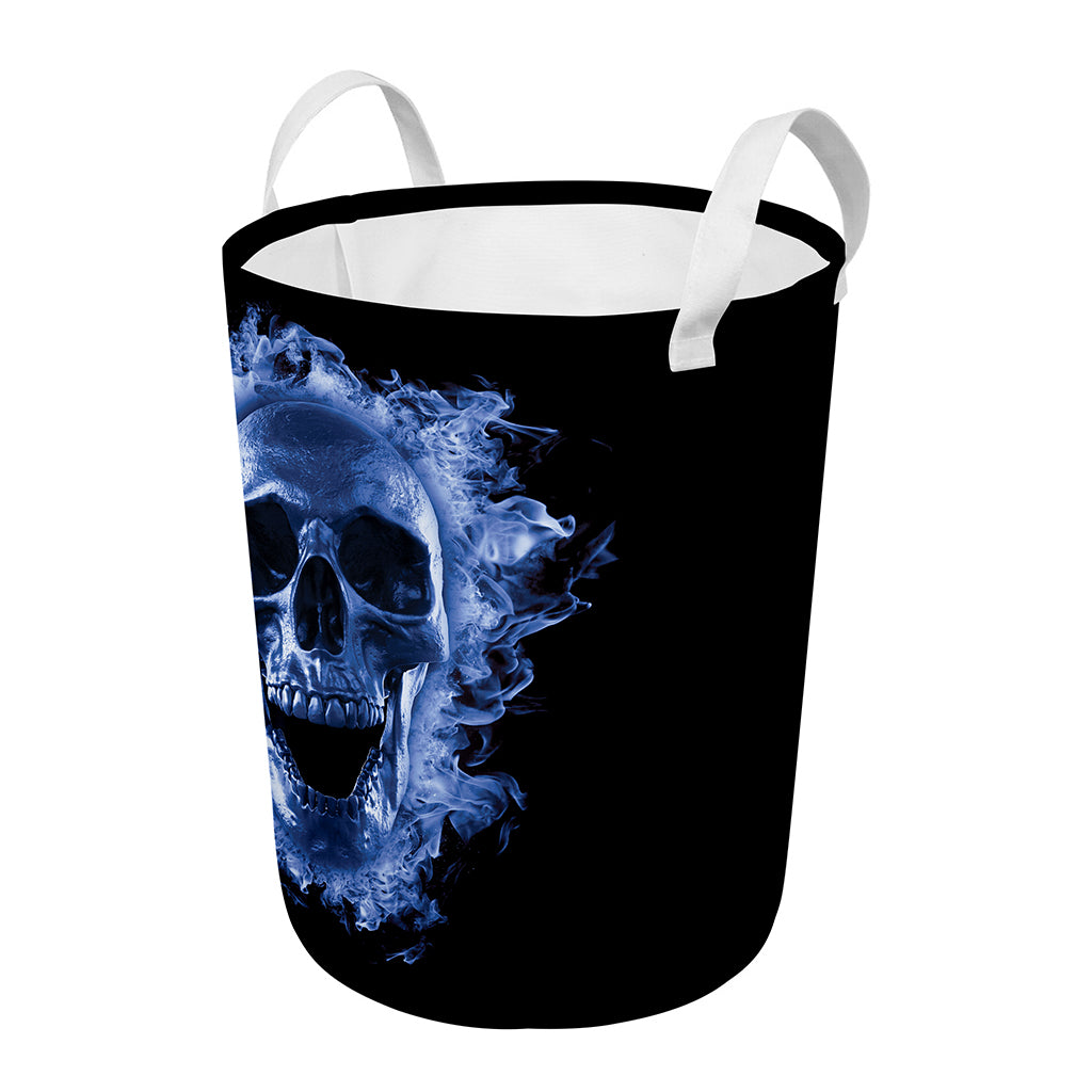 Blue Flaming Skull Print Round Laundry Basket