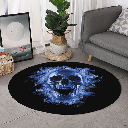 Blue Flaming Skull Print Round Rug