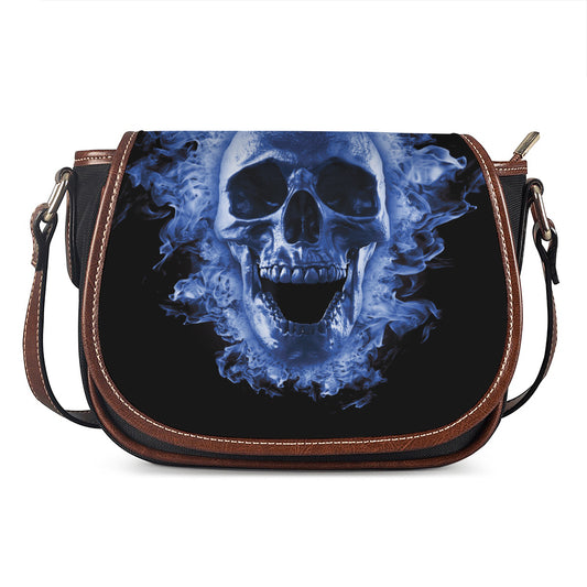 Blue Flaming Skull Print Saddle Bag