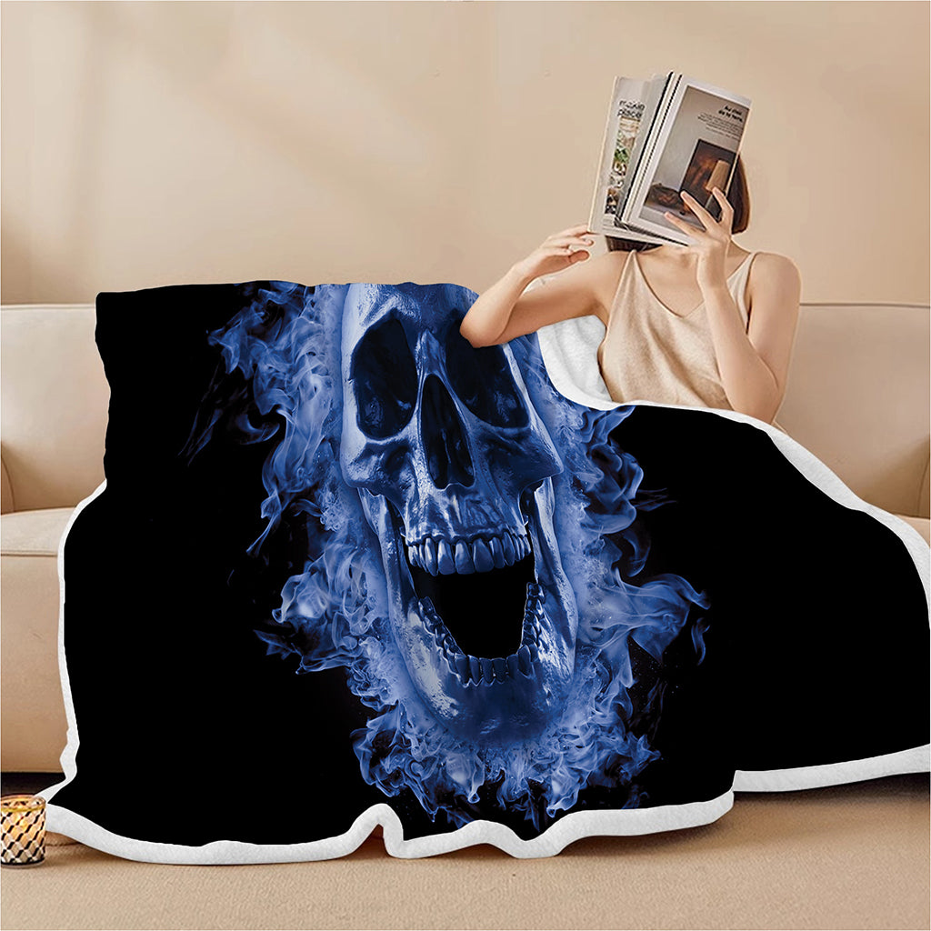Blue Flaming Skull Print Sherpa Blanket