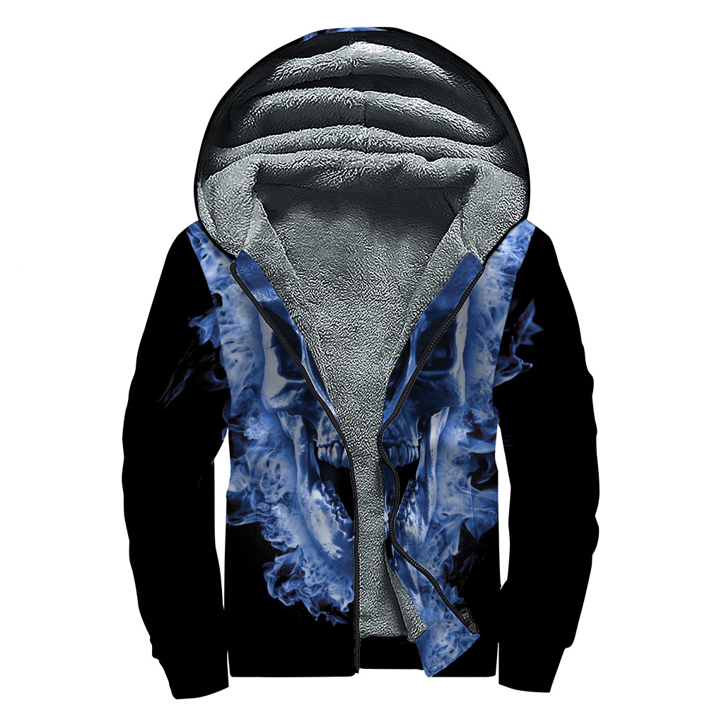 Blue Flaming Skull Print Sherpa Lined Zip Up Hoodie