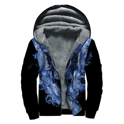 Blue Flaming Skull Print Sherpa Lined Zip Up Hoodie