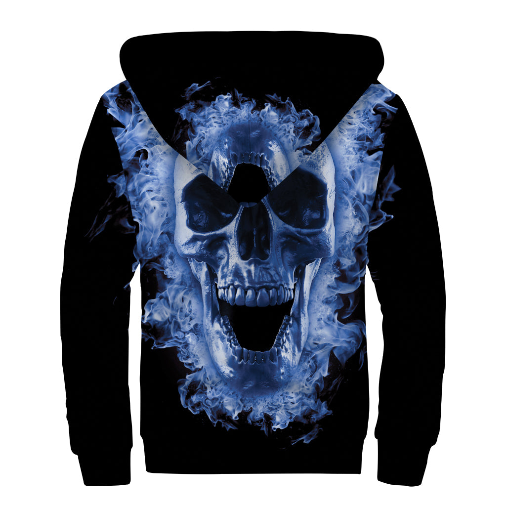 Blue Flaming Skull Print Sherpa Lined Zip Up Hoodie