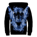 Blue Flaming Skull Print Sherpa Lined Zip Up Hoodie