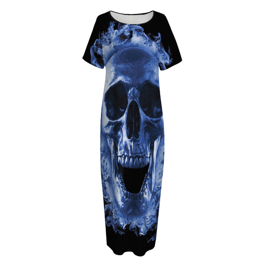 Blue Flaming Skull Print Short Sleeve Long Nightdress