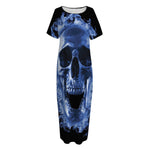 Blue Flaming Skull Print Short Sleeve Long Nightdress