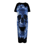 Blue Flaming Skull Print Short Sleeve Long Nightdress