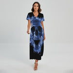 Blue Flaming Skull Print Short Sleeve Maxi Dress