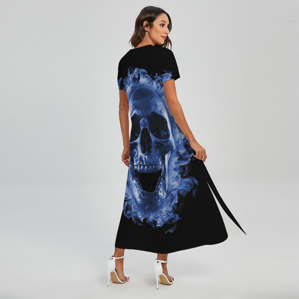 Blue Flaming Skull Print Short Sleeve Maxi Dress