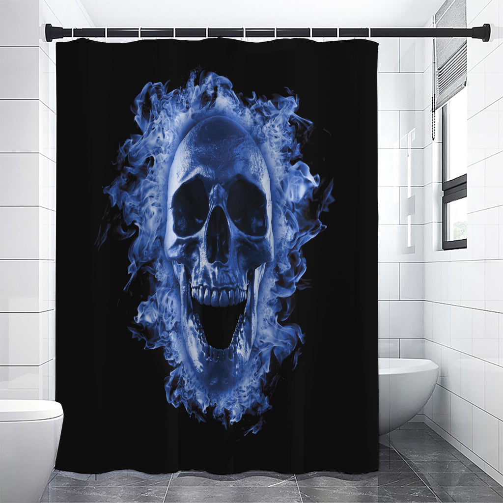 Blue Flaming Skull Print Shower Curtain