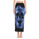 Blue Flaming Skull Print Side Slit Maxi Skirt