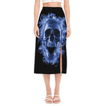 Blue Flaming Skull Print Side Slit Midi Skirt