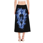 Blue Flaming Skull Print Side Slit Midi Skirt