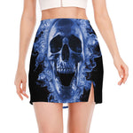 Blue Flaming Skull Print Side Slit Mini Skirt