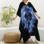 Blue Flaming Skull Print Silk V-Neck Kaftan Dress