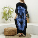 Blue Flaming Skull Print Silk V-Neck Kaftan Dress