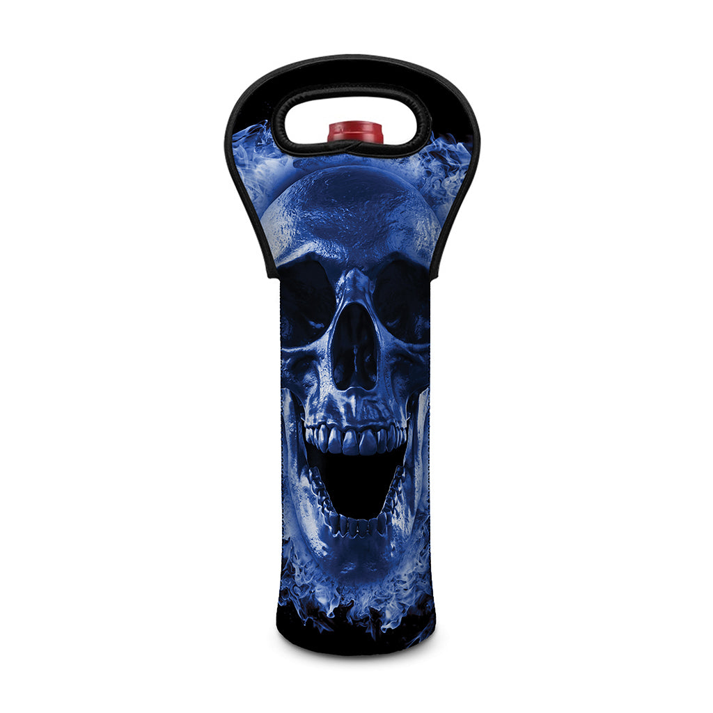 Blue Flaming Skull Print Single Neoprene Wine Tote