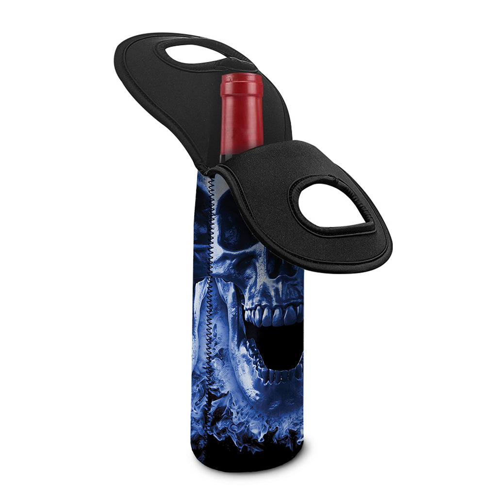 Blue Flaming Skull Print Single Neoprene Wine Tote