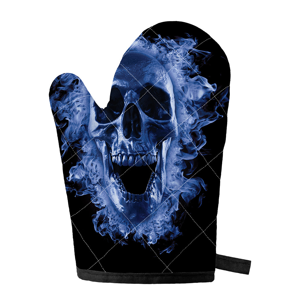 Blue Flaming Skull Print Single Oven Mitt