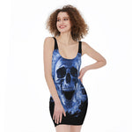 Blue Flaming Skull Print Sleeveless Bodycon Dress