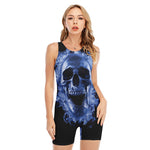 Blue Flaming Skull Print Sleeveless One Piece Swimsuit