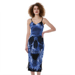 Blue Flaming Skull Print Slim Fit Midi Cami Dress