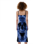 Blue Flaming Skull Print Slim Fit Midi Cami Dress