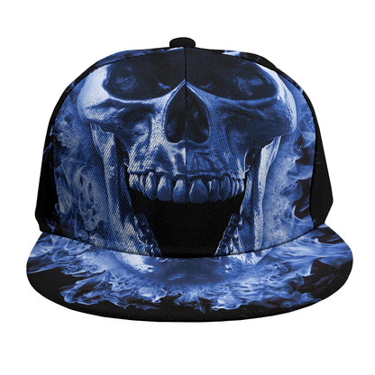 Blue Flaming Skull Print Snapback Cap