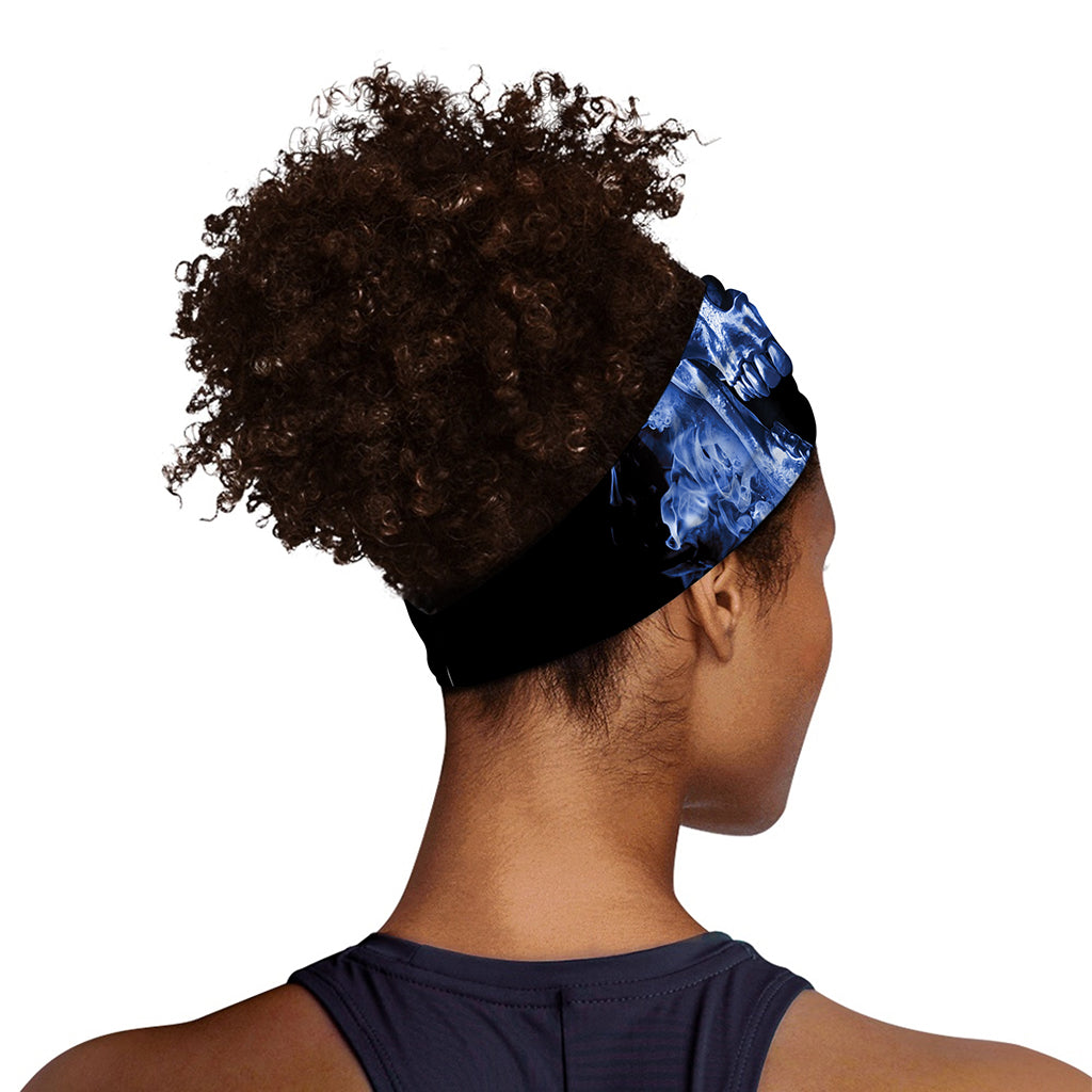Blue Flaming Skull Print Sports Headband