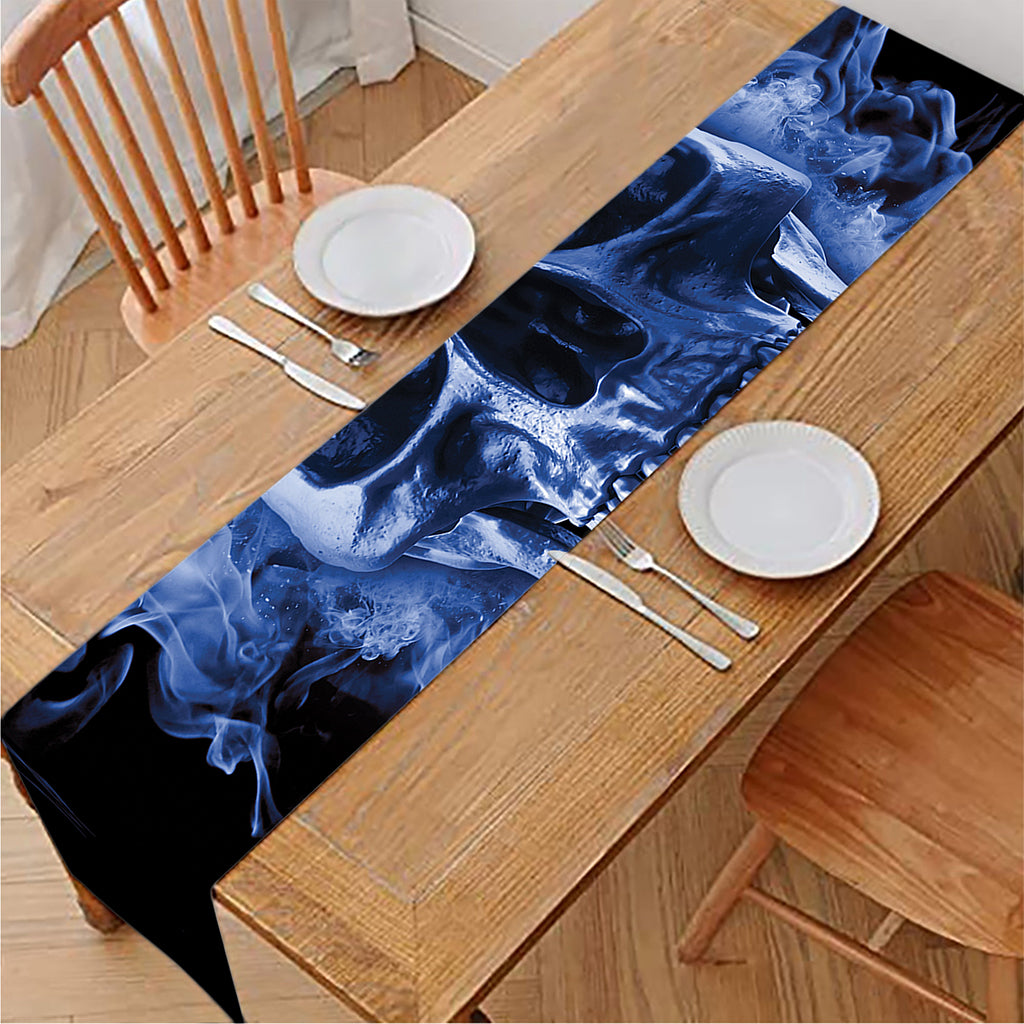 Blue Flaming Skull Print Table Runner