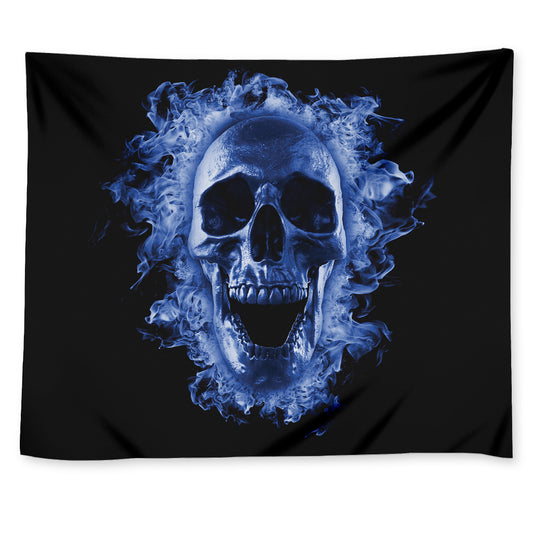 Blue Flaming Skull Print Tapestry