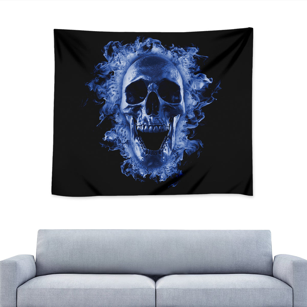 Blue Flaming Skull Print Tapestry