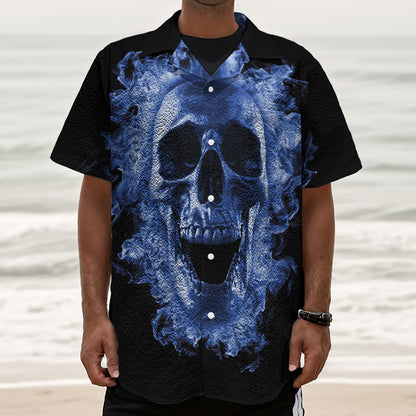 Blue Flaming Skull Print Textured Short Sleeve Shirt