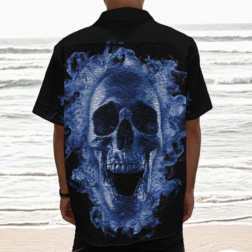 Blue Flaming Skull Print Textured Short Sleeve Shirt