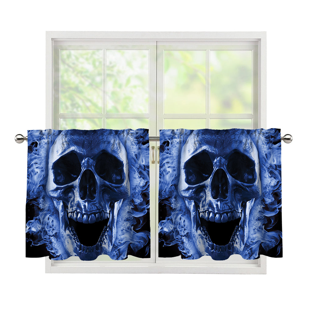 Blue Flaming Skull Print Tier Curtains