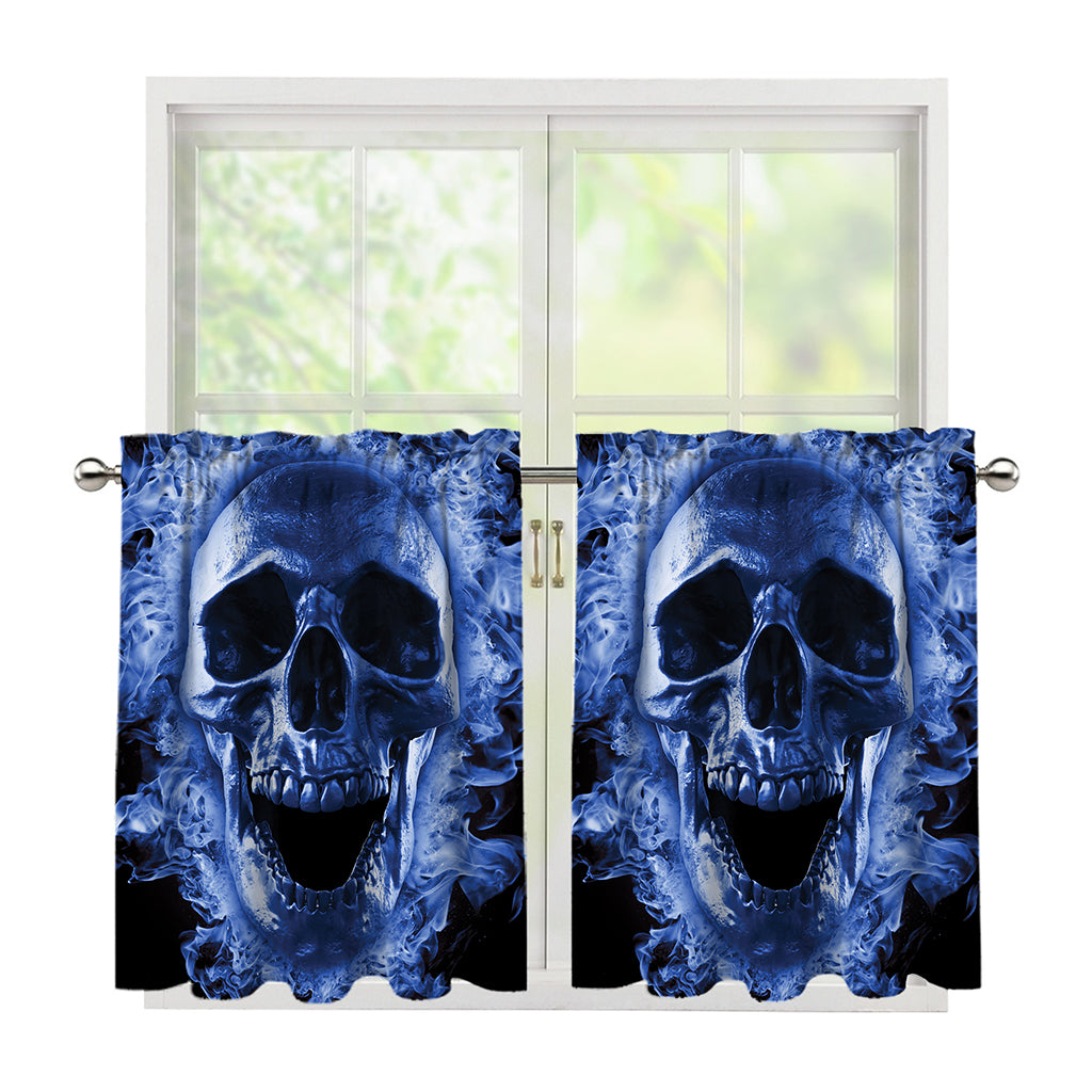 Blue Flaming Skull Print Tier Curtains