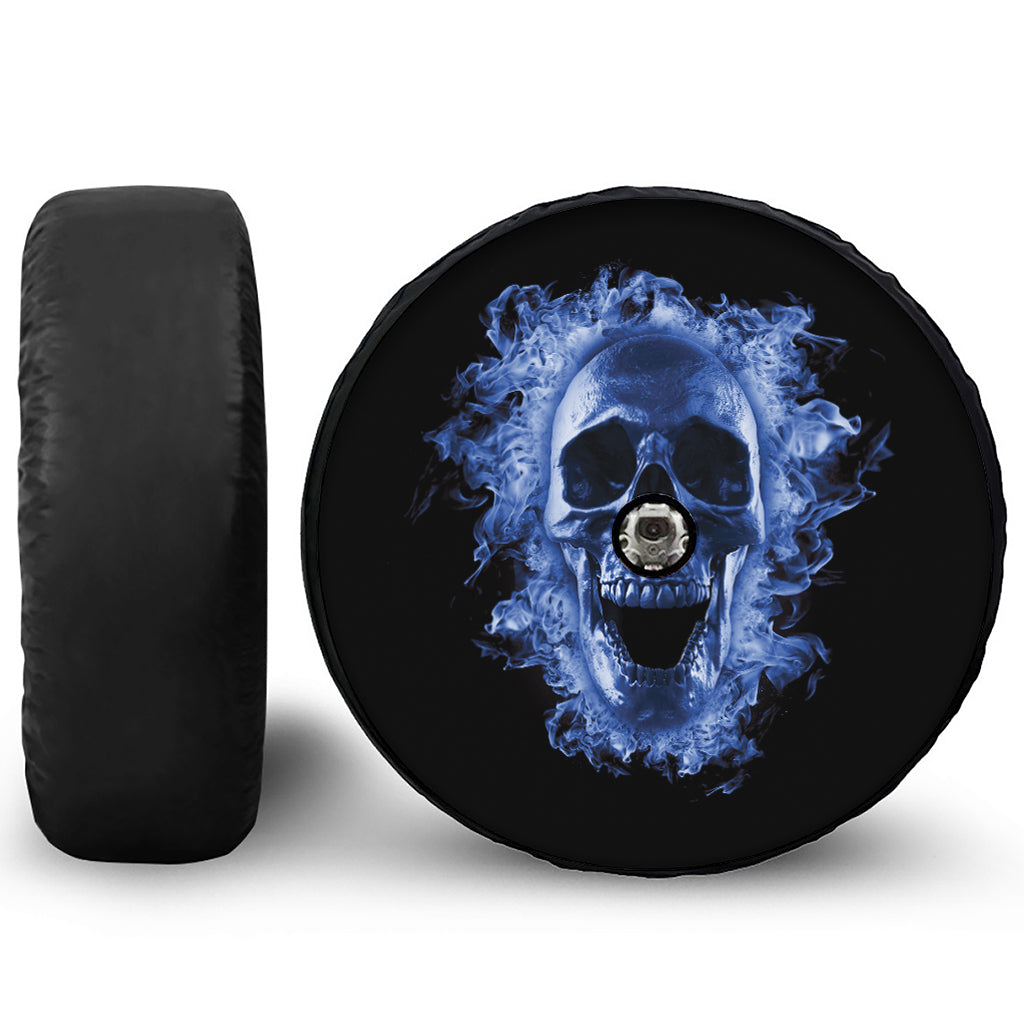 Blue Flaming Skull Print Tire Cover With Camera Hole